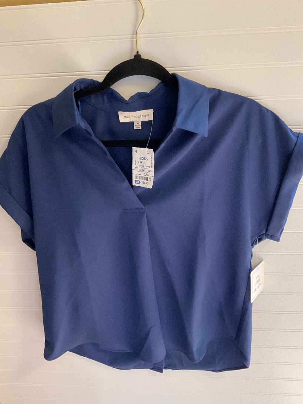 The Line of Style Navy Short Sleeve Collared Hidden Placket Blouse Size: M NWT